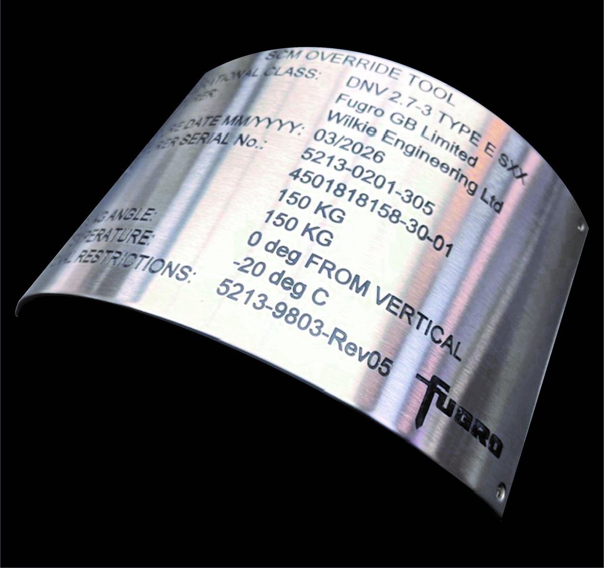 Industrial Metal Data Plate Example 1 manufactured by HND Designs in Aberdeen. UK engraved stainless steel and aluminium data plate.