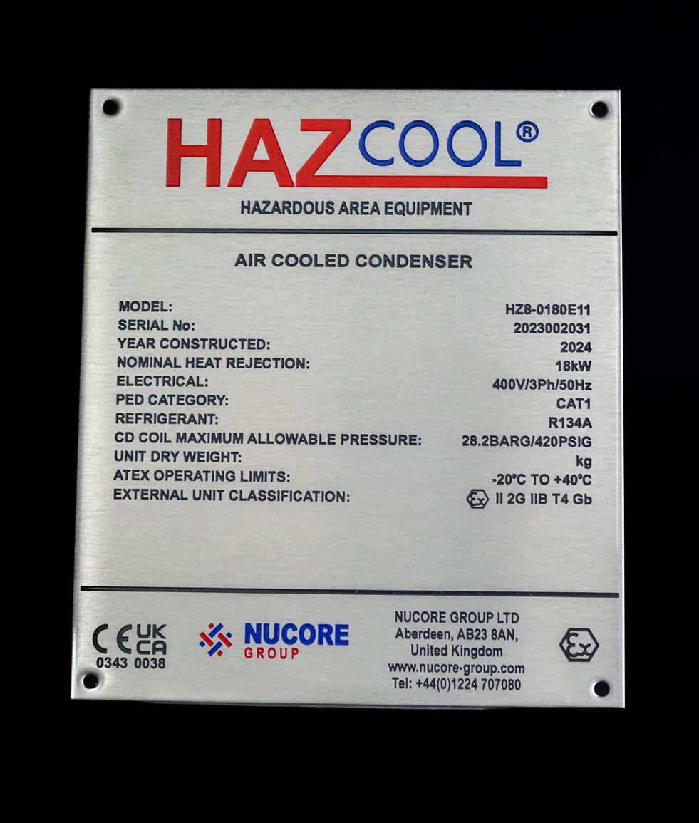 Industrial Metal Data Plate Example 10 manufactured by HND Designs in Aberdeen. UK engraved stainless steel and aluminium data plate.