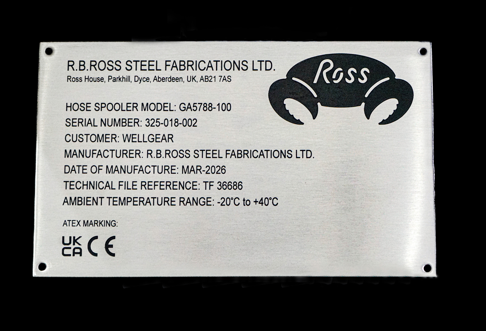 Industrial Metal Data Plate Example 11 manufactured by HND Designs in Aberdeen. UK engraved stainless steel and aluminium data plate.