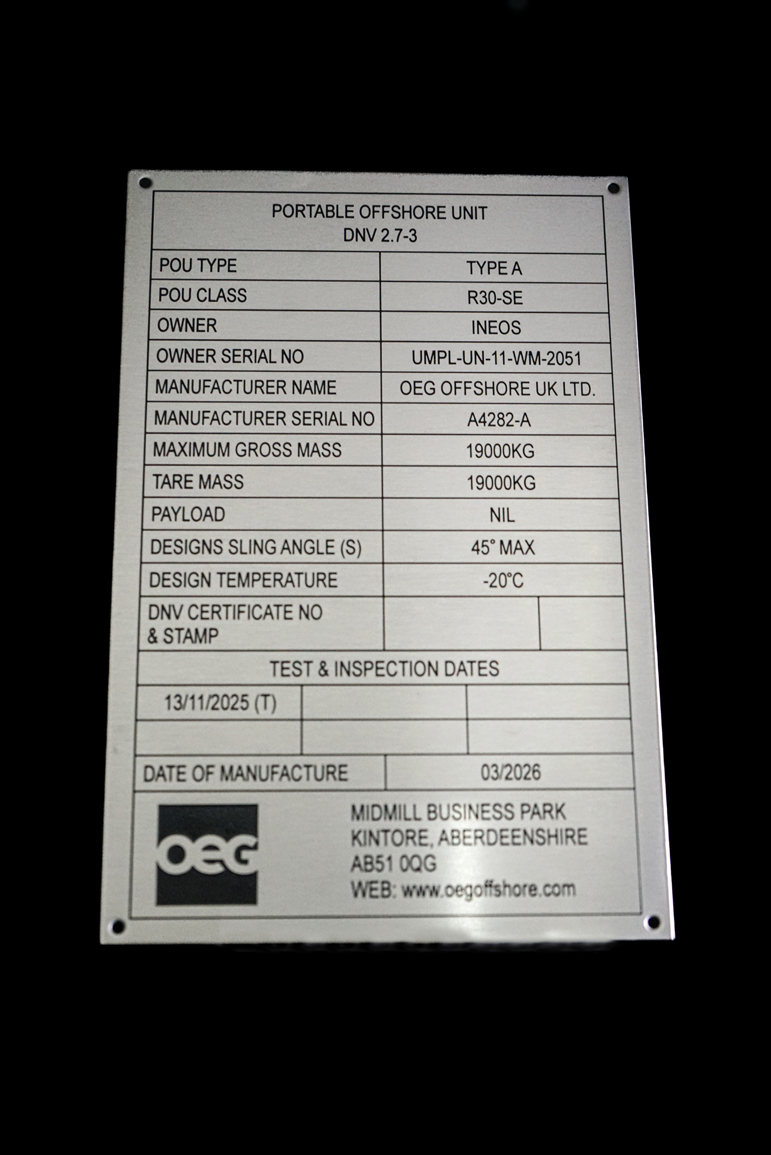 Industrial Metal Data Plate Example 12 manufactured by HND Designs in Aberdeen. UK engraved stainless steel and aluminium data plate.