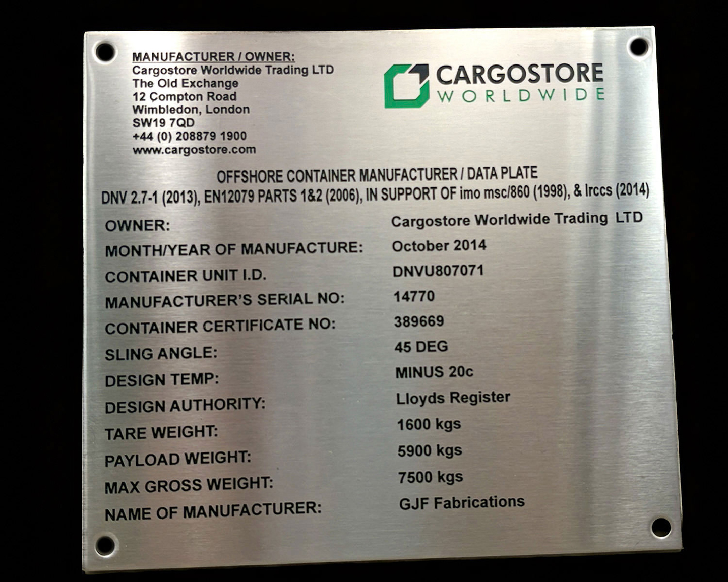Industrial Metal Data Plate Example 2 manufactured by HND Designs in Aberdeen. UK engraved stainless steel and aluminium data plate.