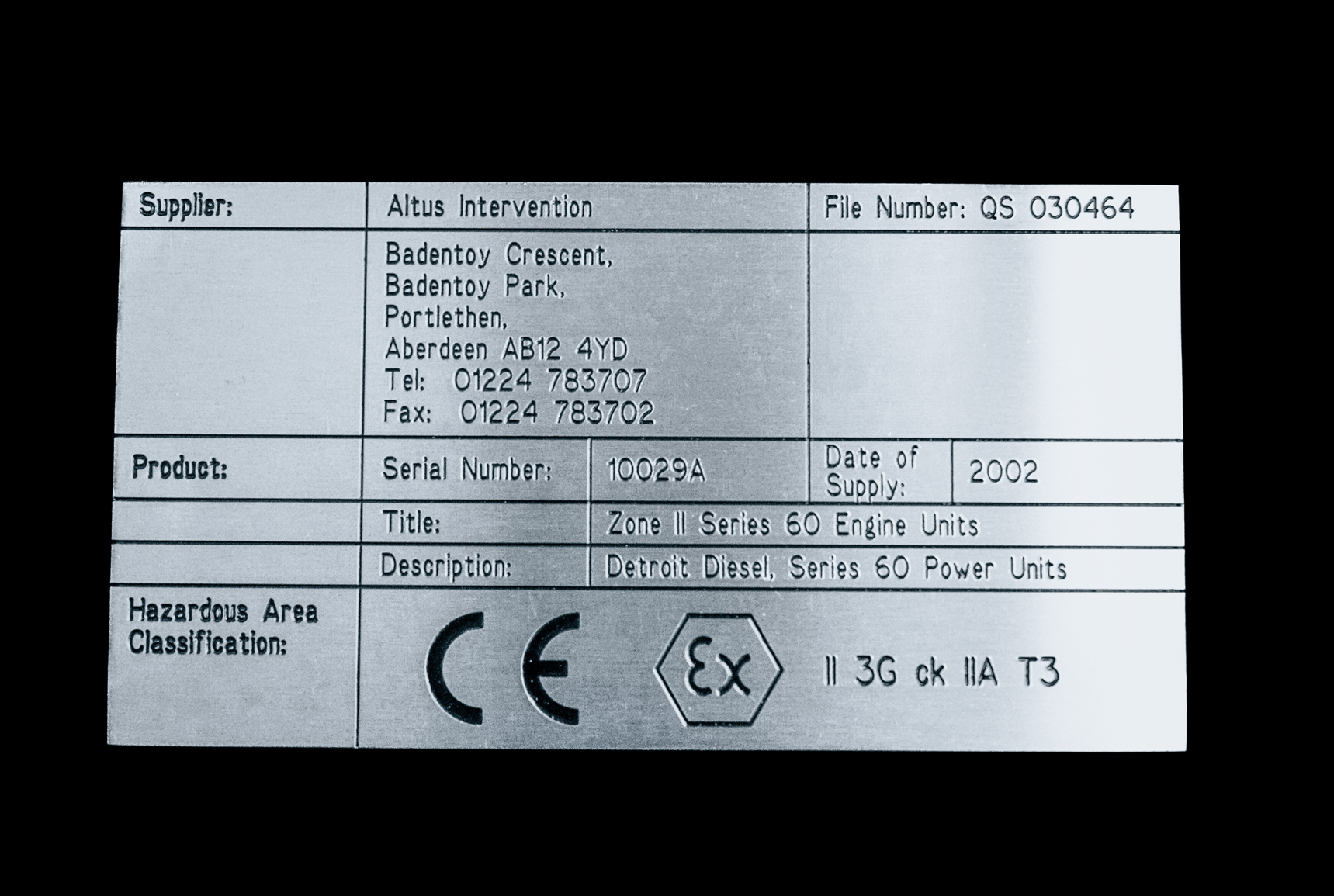 Industrial Metal Data Plate Example 5 manufactured by HND Designs in Aberdeen. UK engraved stainless steel and aluminium data plate.
