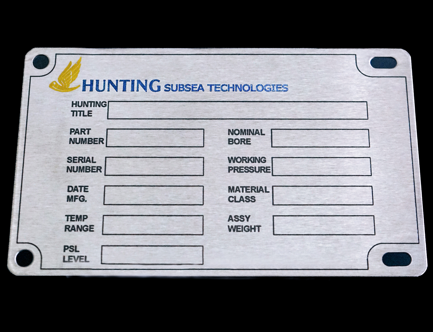 Industrial Metal Data Plate Example 6 manufactured by HND Designs in Aberdeen. UK engraved stainless steel and aluminium data plate.