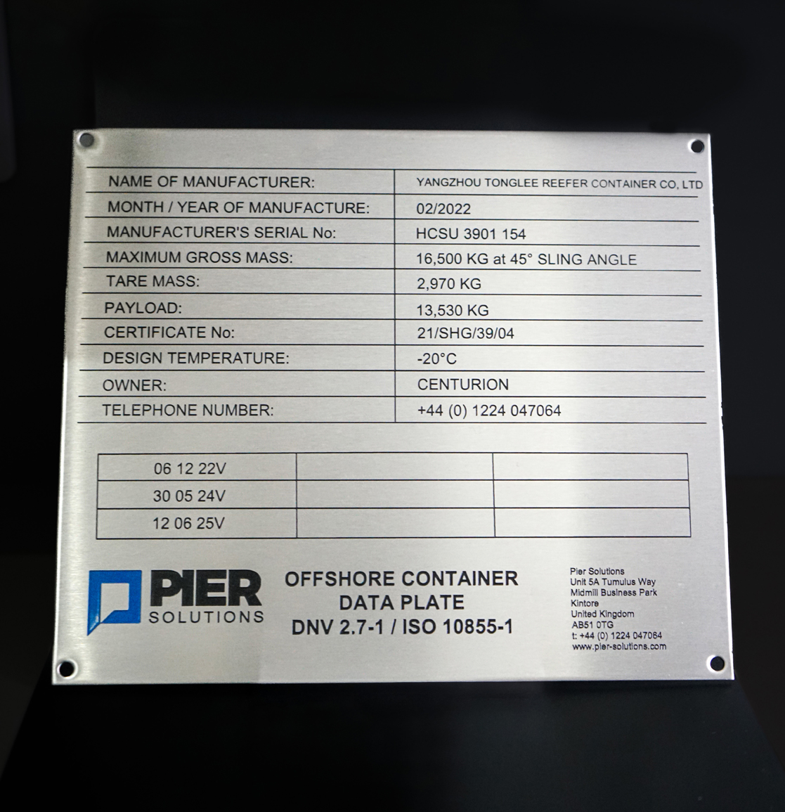 Industrial Metal Data Plate Example 9 manufactured by HND Designs in Aberdeen. UK engraved stainless steel and aluminium data plate.